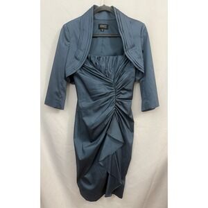 Adrianna Papell 2 PC Teal Taffeta Ruched Cocktail Dress and Bolero Jacket Size 6
